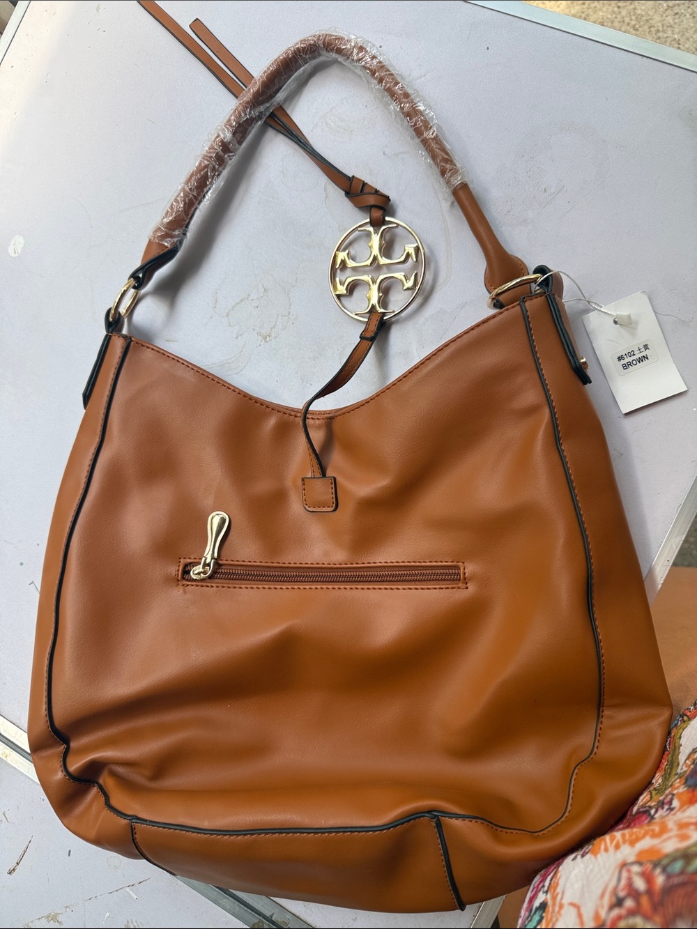 Inspired Tan Shoulder Hobo Bag with Gold Emblem